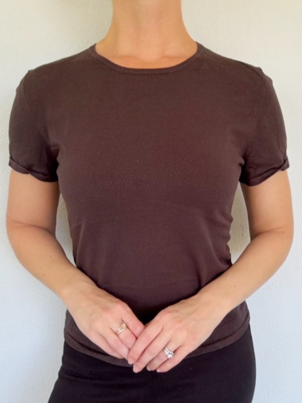 Vintage Real Clothes dark brown stretch knit short sleeve sweater top size large